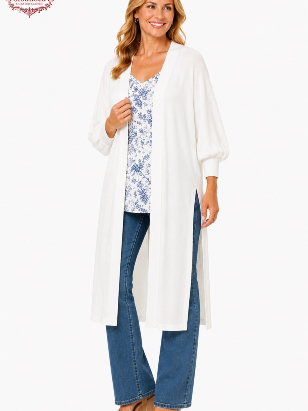 😎D5 Chico’s Size 2 White Oversized Open Front Duster Cover-Up Rayon Blend😎